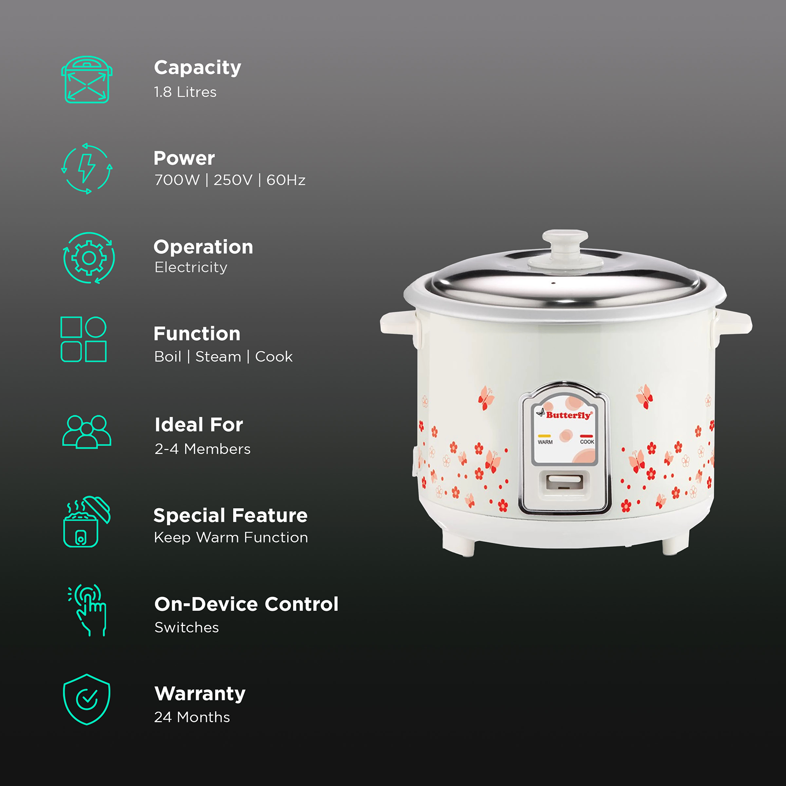 Buy Butterfly Blossom 1.8 Litre Electric Rice Cooker with Cool